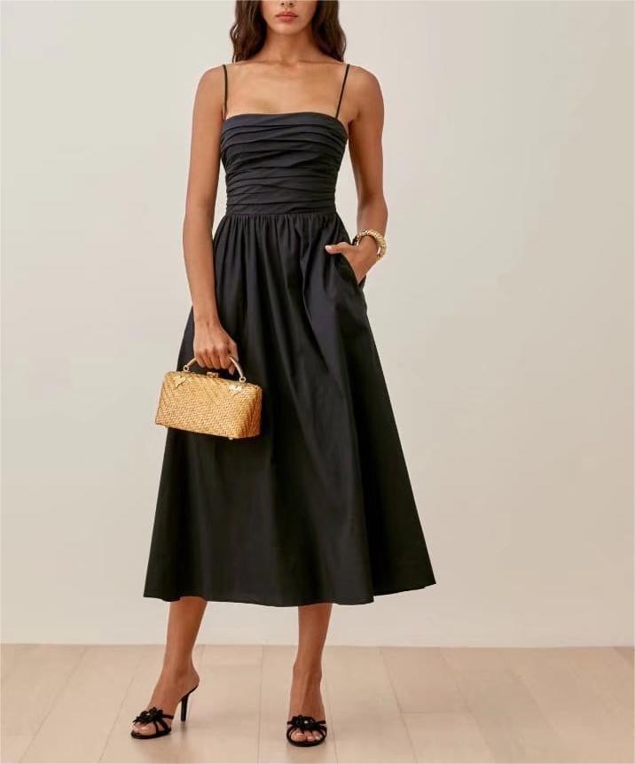 Retro Solid Color Outer Wear Underwear Slim Waist Elegant Dress Summer Pleated Suspender Midi Dress