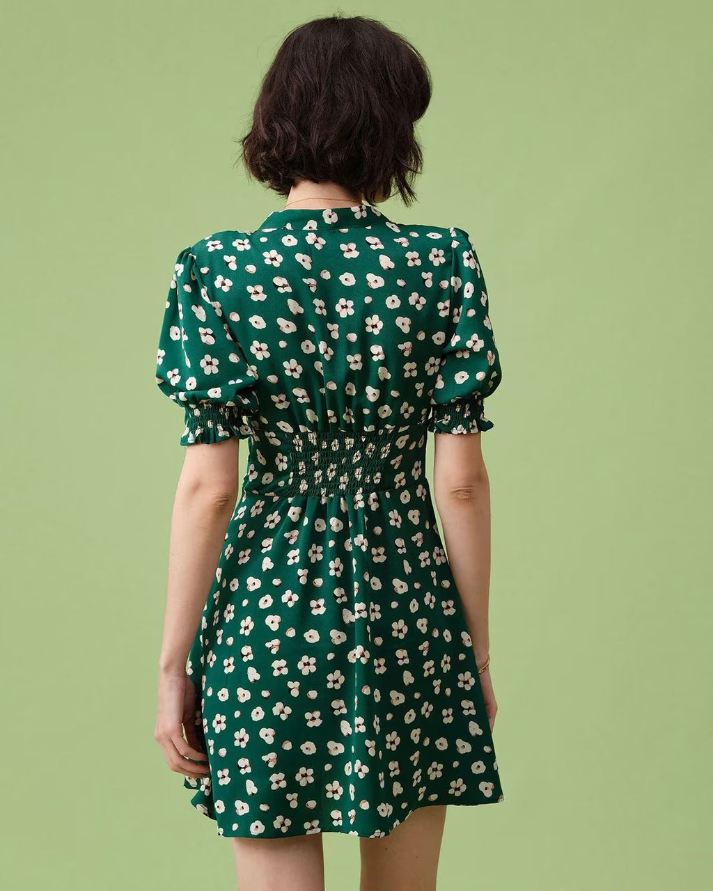 Green Shivering Short Sleeve Dress Women Summer Slim Fit V neck Slimming Tea Break