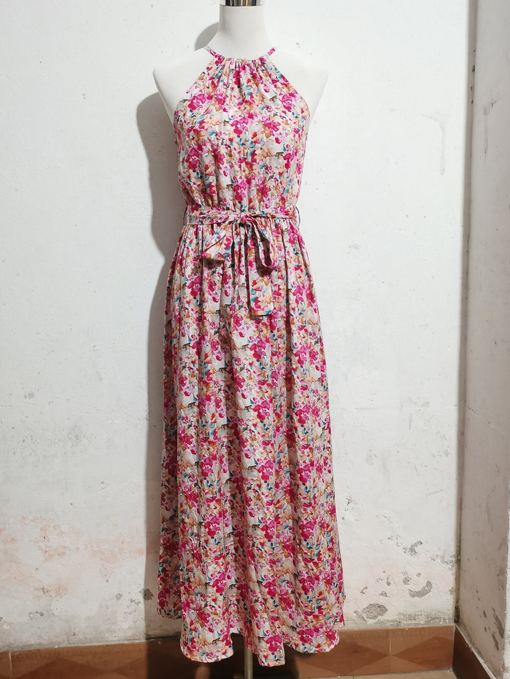 Women New Open shoulder Halter Sling Rack Cotton Printed Strap Large Swing Dress