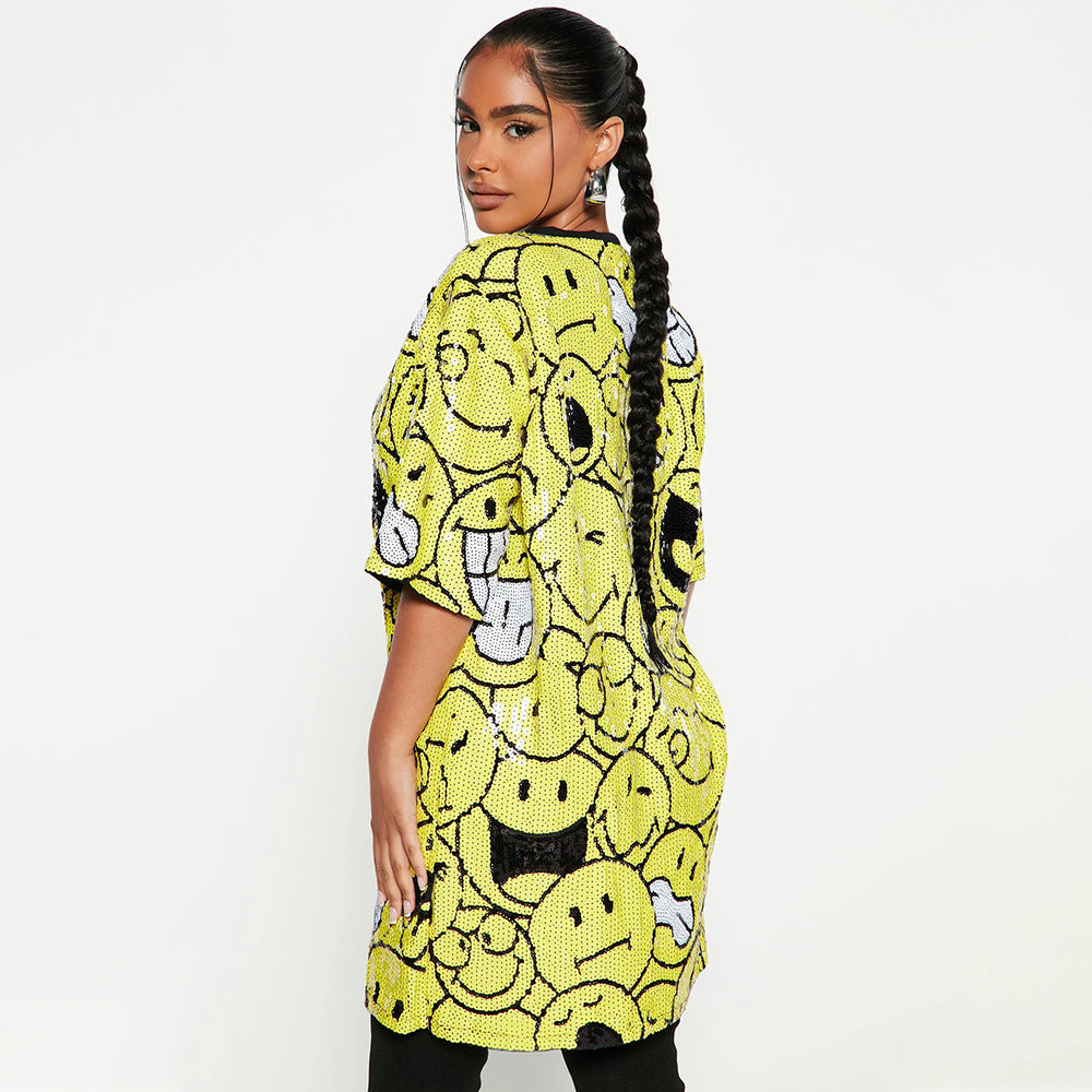 Round Neck Half Sleeved Loose Sequin Printed Dress Women Party Sequin Model Night Club Graphic