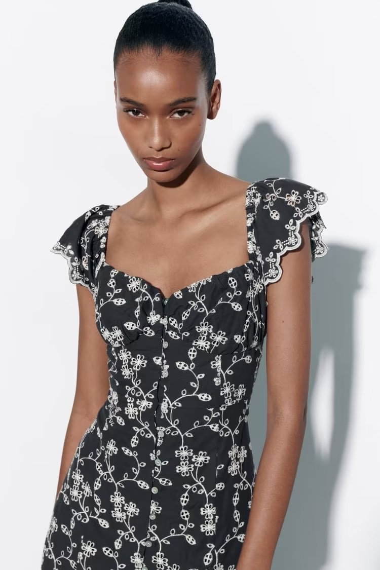 Floral Embroidered Single Breasted Waist Midi Dress Dress Summer Women