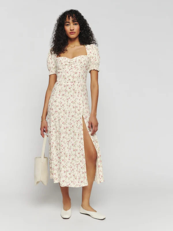 French Elegant Slim Fit High Waist Slit Sexy Print Square Collar Dress Summer Midi Dress