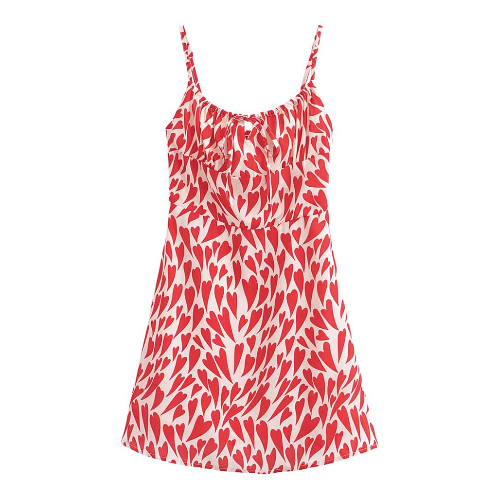 Summer Heart Shape Printed Figure Flattering Cinched Waist Lace-up Cami Dress Short Dress