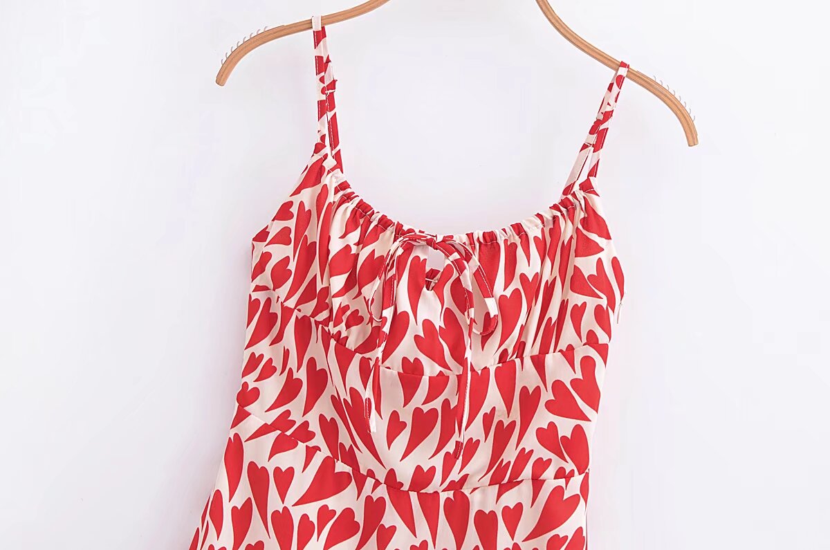 Summer Heart Shape Printed Figure Flattering Cinched Waist Lace-up Cami Dress Short Dress