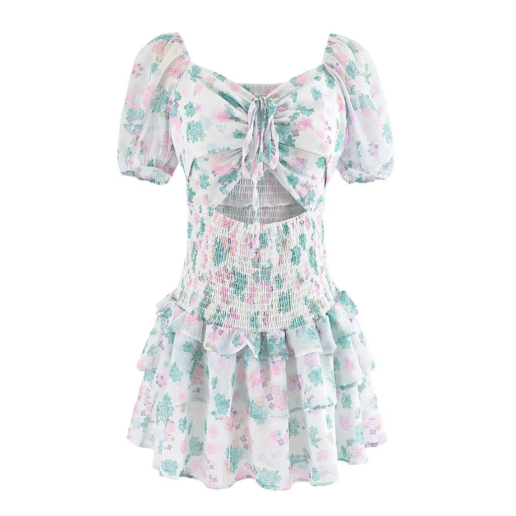 Simple Sexy Niche Design Dress Floral Drawstring Elastic Puff Short Sleeve High Waist Dress