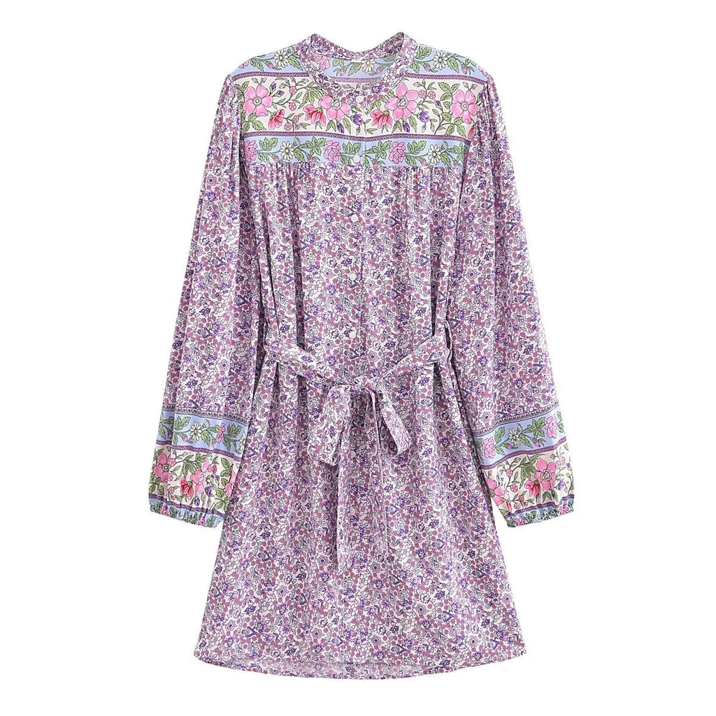 Spring Women Positioning Floral Single Breasted Dress with Belt Long Sleeve Mid Length Dress