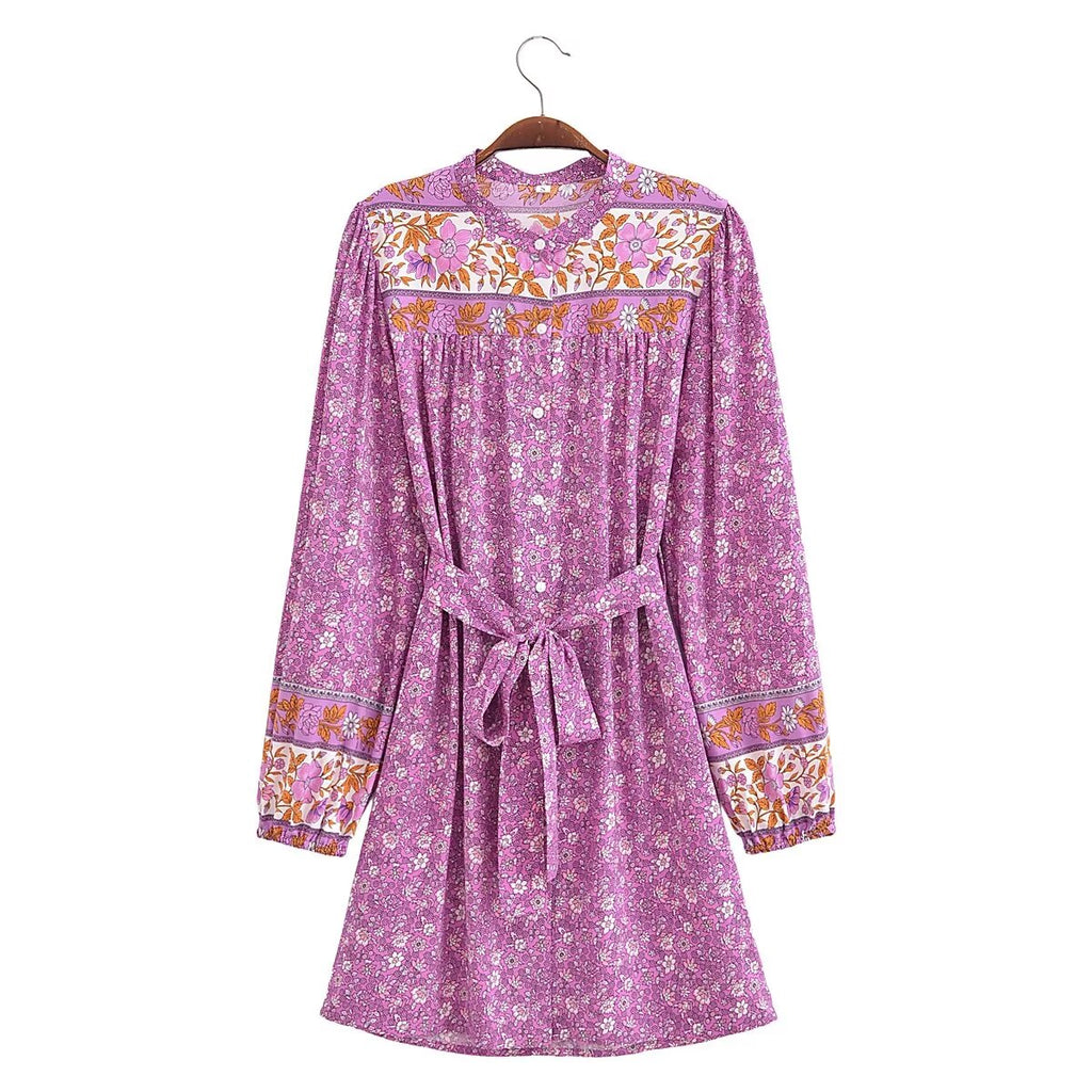 Spring Women Positioning Floral Single Breasted Dress with Belt Long Sleeve Mid Length Dress