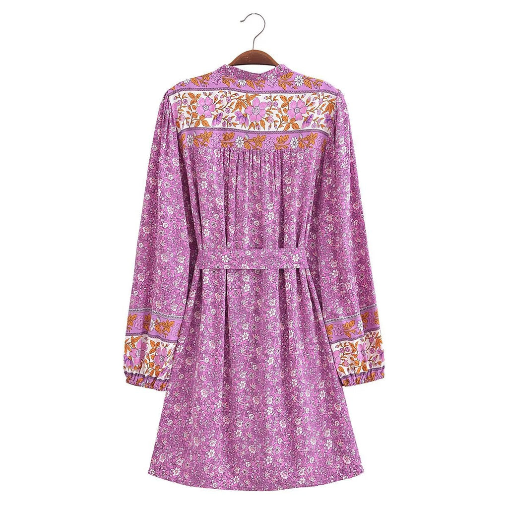 Spring Women Positioning Floral Single Breasted Dress with Belt Long Sleeve Mid Length Dress