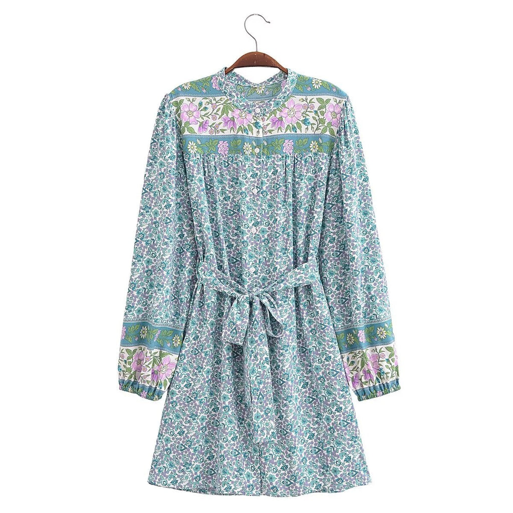 Spring Women Positioning Floral Single Breasted Dress with Belt Long Sleeve Mid Length Dress