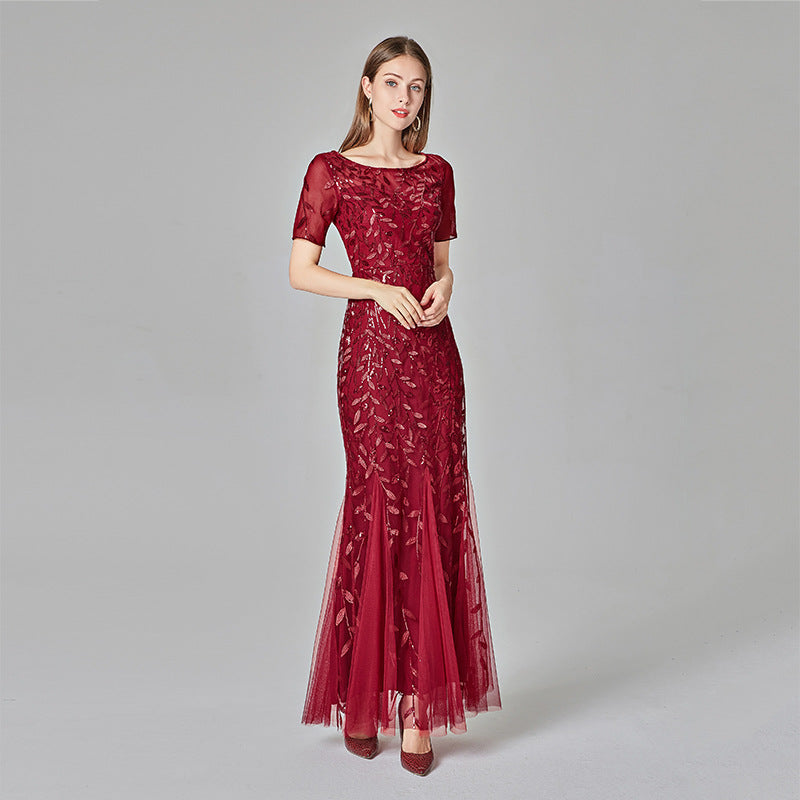 Summer Autumn Banquet Host Slim Mesh Sequ Evening Dress Fishtail Dress for Women