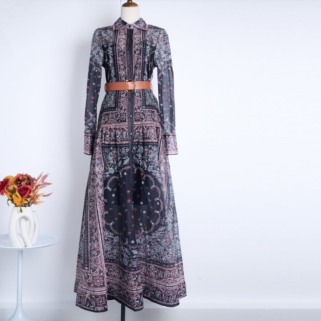 Women Lapel Single Breasted Super Long Two Piece Set With Positioning Printed Dress