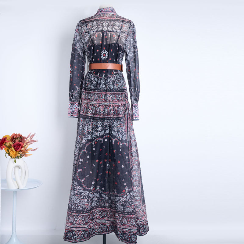 Women Lapel Single Breasted Super Long Two Piece Set With Positioning Printed Dress