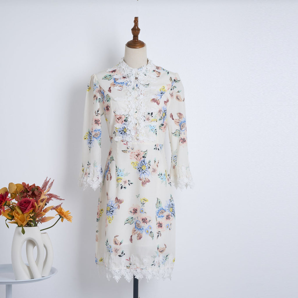 Spring Summer Heavy Industry Stitching Lace Single Breasted Stand Collar Horn Sleeve Printed Dress Short