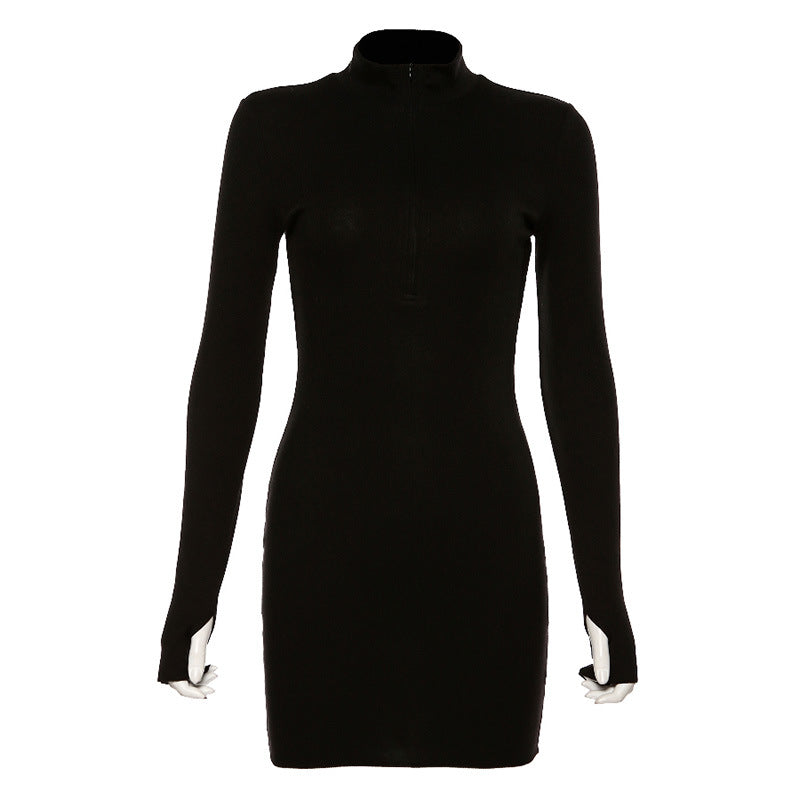 Fall Winter Women Long Sleeve Zipped round Neck Package Hip Slim Fit All Matching Dress