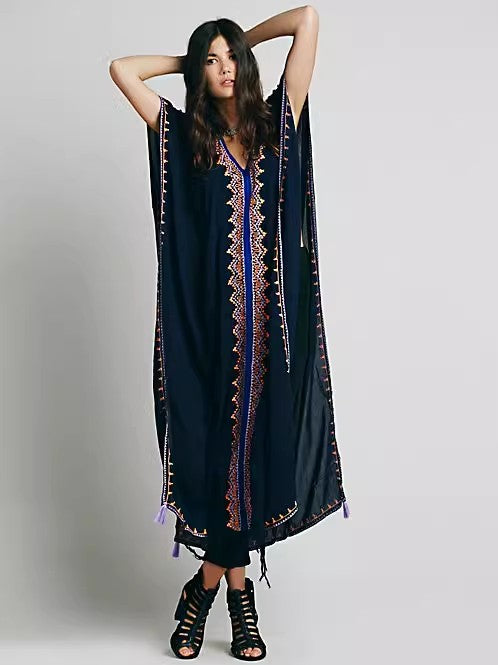 Women Summer Sleeveless Embroidered Ankle Length Cape Dress