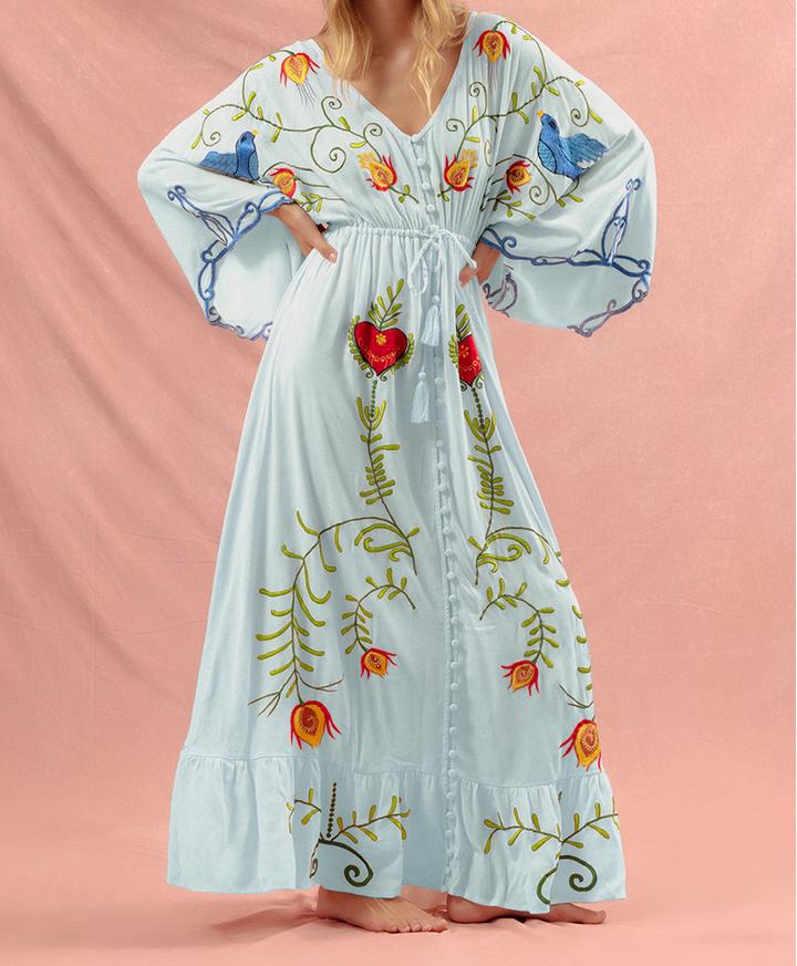 Women Vintage Dress With Bohemian Floral Embroidery