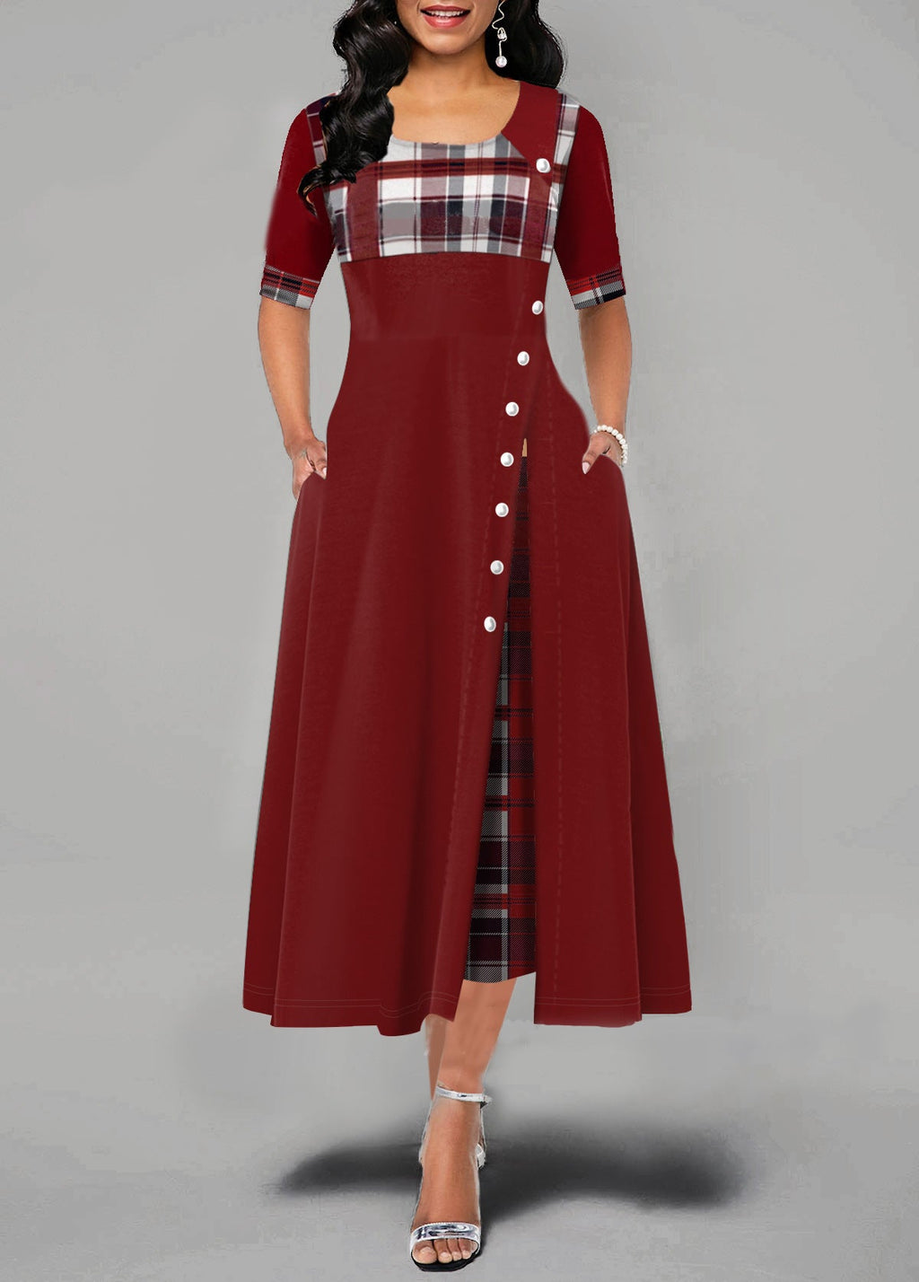 A Large Number Dresses Round Neck Contrast Color Half Sleeve Irregular Asymmetric Maxi Dress
