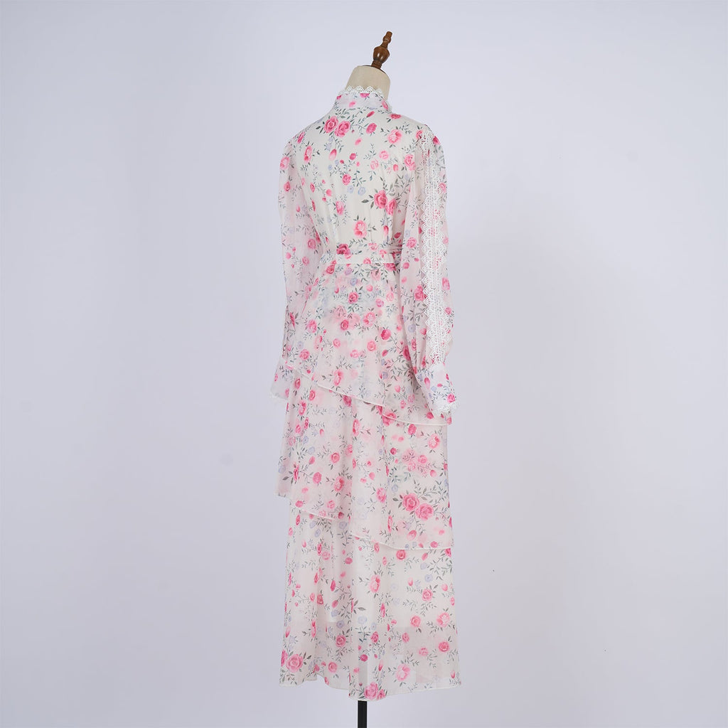 Women Spring And Autumn Long Sleeve Printed Buttons Of The Belt Dress