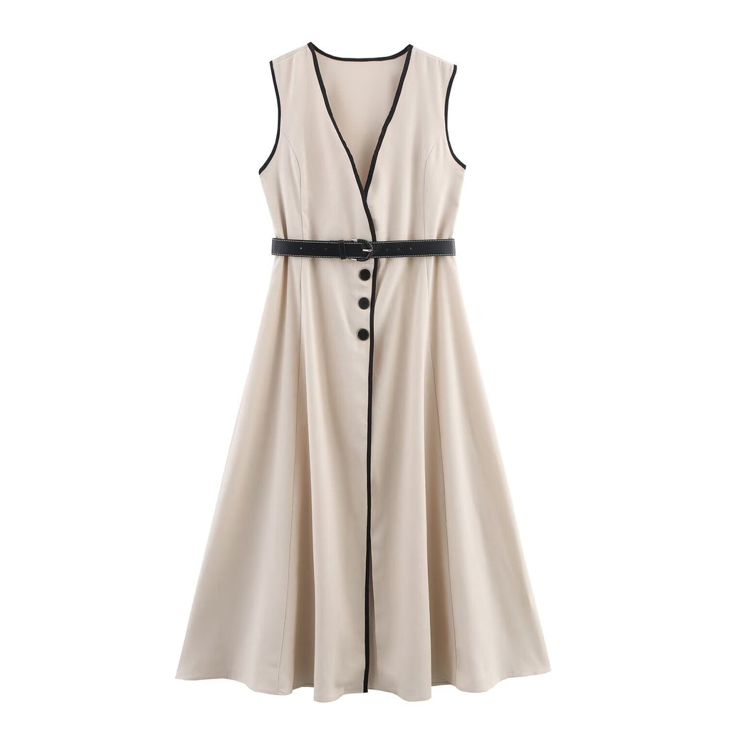 Women Clothing Elegant Slim Fit with Belt Linen Blended Midi Dress