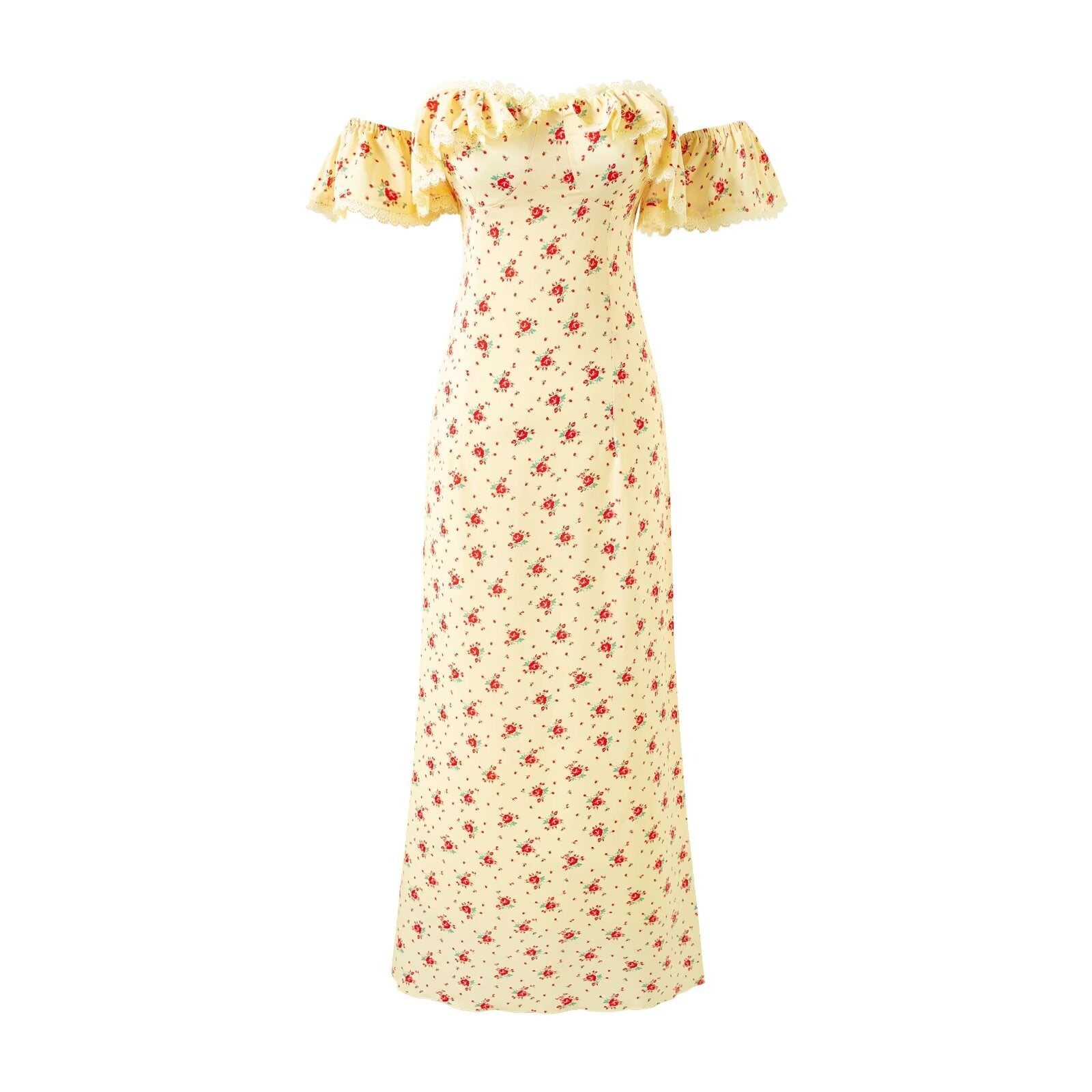 Romantic Floral Flounce Lace Tube Top Cinched Waist Slim Fit Dress Women Summer Seaside Holiday Maxi Dress