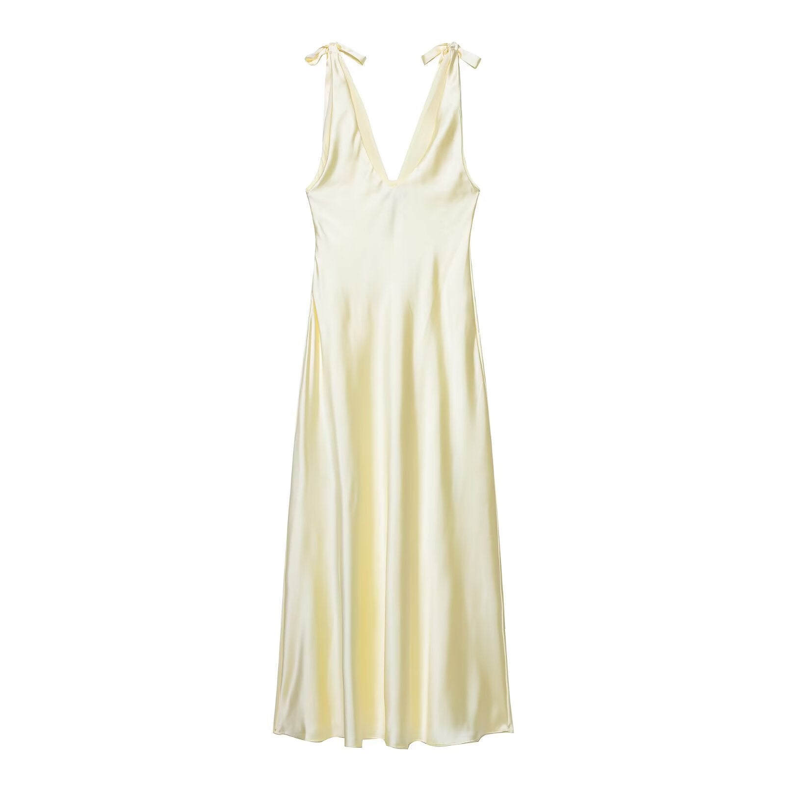 Summer Women Clothing Sexy Bowknot Decoration Silk Satin Texture Midi Dress