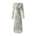 Sexy Vneck Bow Lace Printing Long Sleeve Dress Autumn Waist Slim Fit Maxi Dress