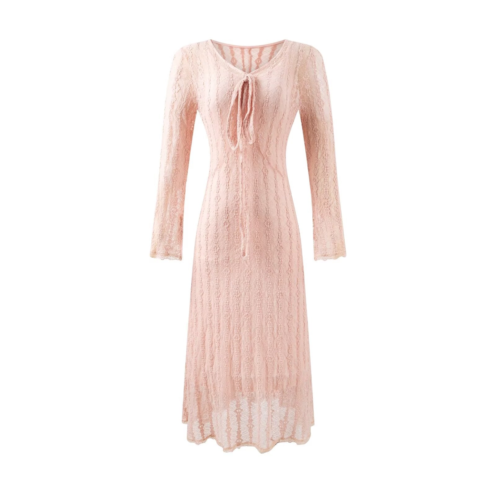 Sweet Jacquard Grid Chic Long Sleeve Dress Autumn Elegant Slim Midi Dress