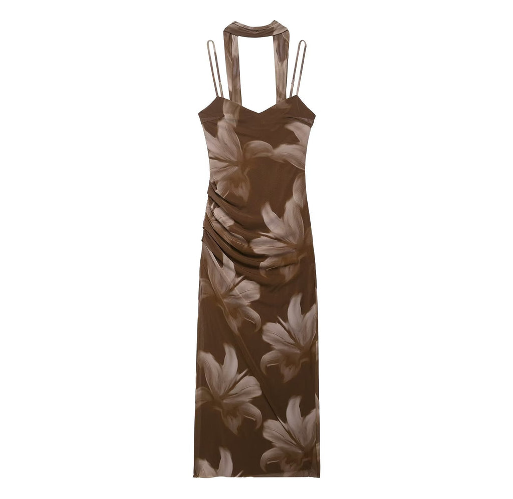 Women Clothing Printed Slim Figure Flattering Side Slit Dress