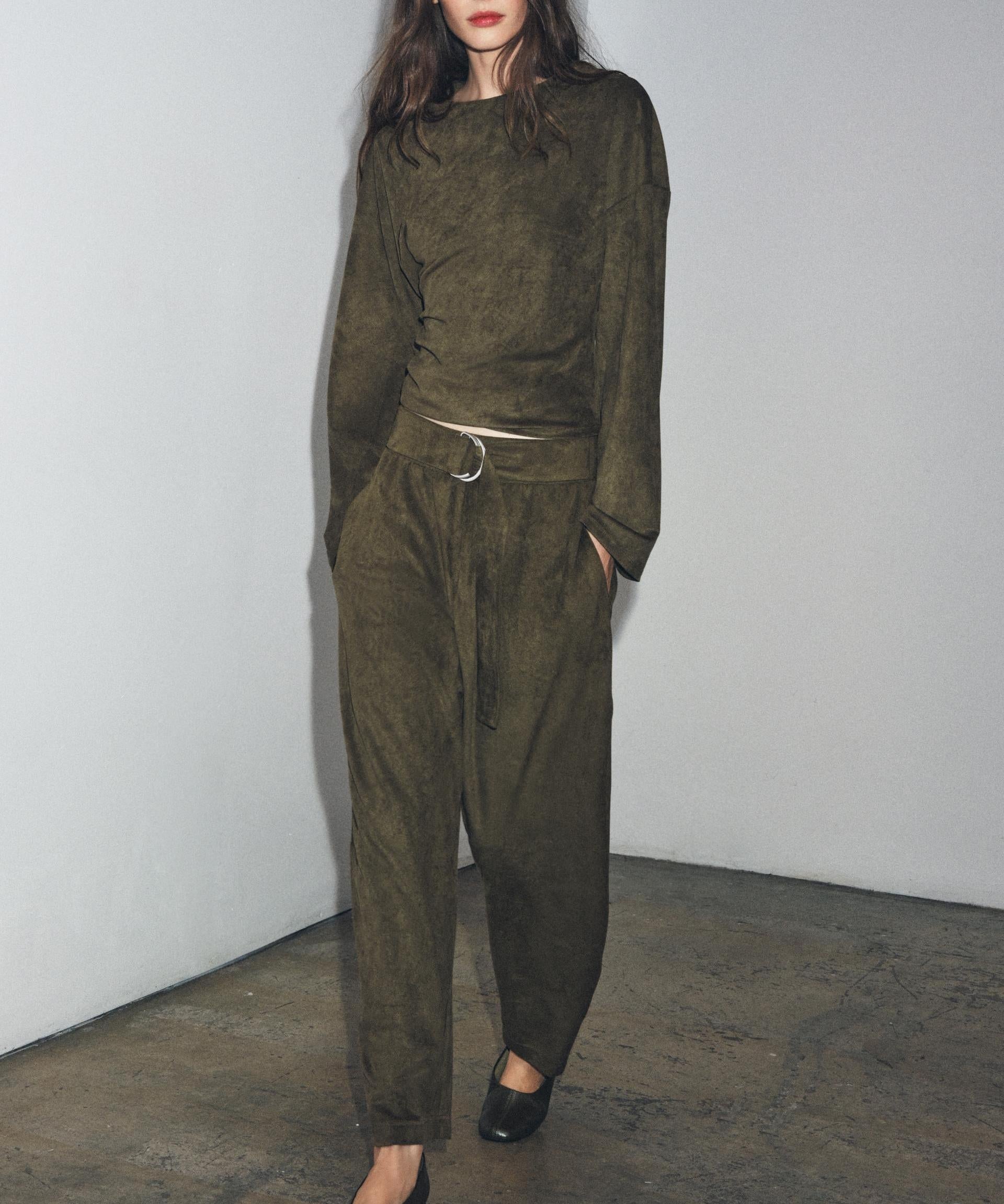 Women Clothing Waist Pleated Suede T shirt Top Belt Pants Suit Women
