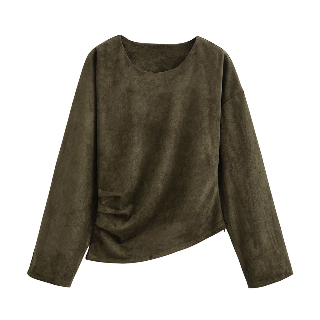 Women Clothing Waist Pleated Suede T shirt Top Belt Pants Suit Women