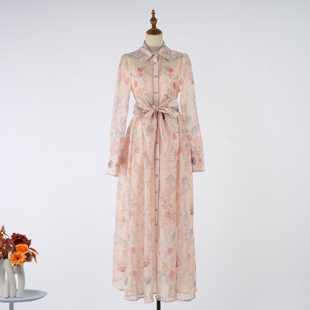 Women Spring Autumn Two Piece Set Printed Single Breasted Maxi Dress
