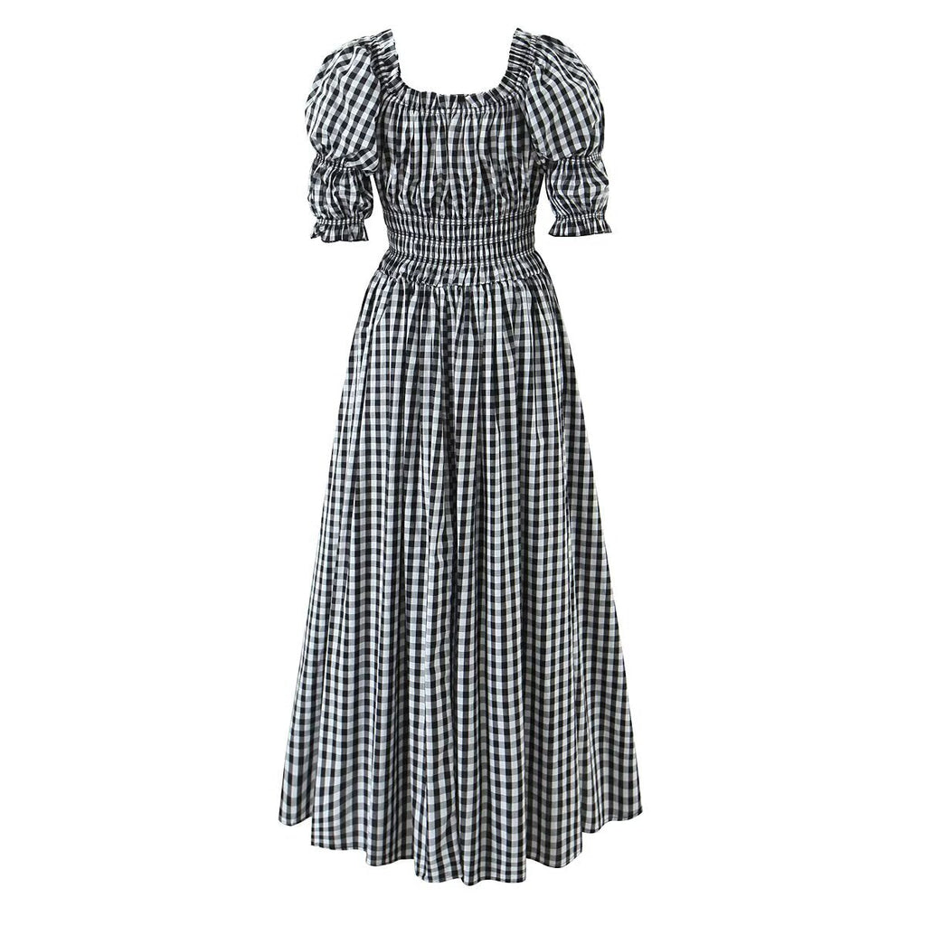 French Retro Minority Design High Waist Color Contrast Check Maxi Dress Women Elastic Waist Puff Sleeve Dress