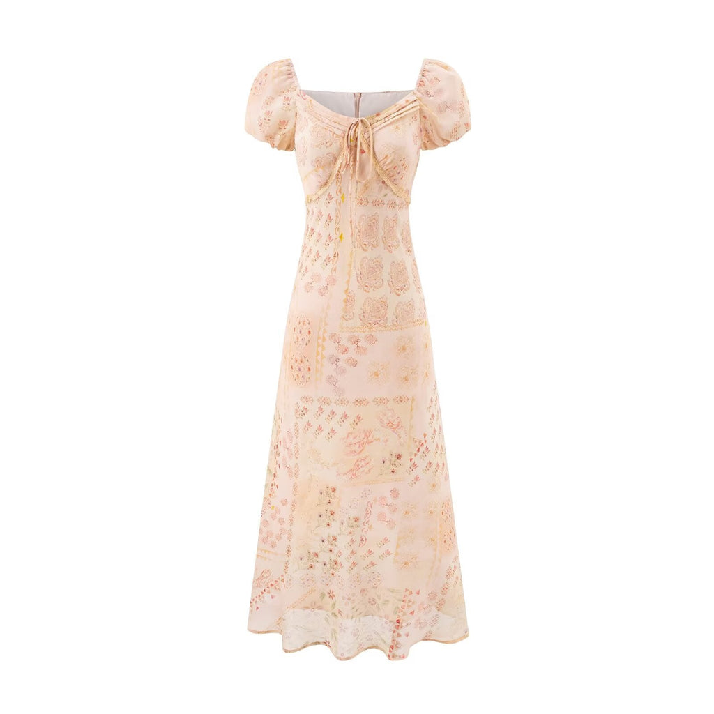 Retro Square Collar Lace up Bubble Sleeve Printed Dress Autumn High Waist Slim Slimming Vacation Maxi Dress