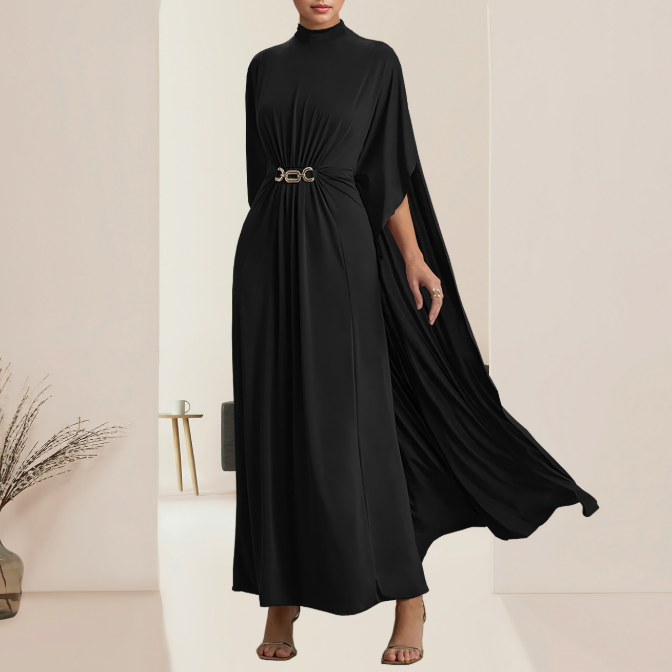 Women Wear Slim Fit Belt Buckle round Neck Shawl Dress