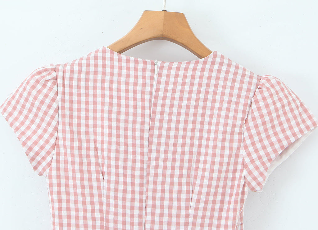 Women Clothing Spring Sweet Youthful Short Slim Plaid Waist Tight A line Dress