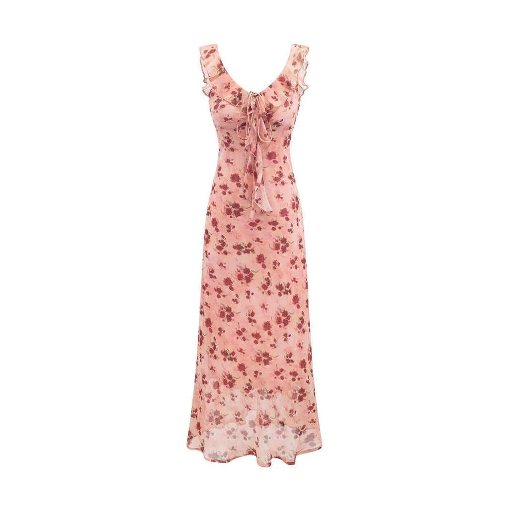 Vintage Ruffled Drawstring Patchwork Slip Dress Pink Rose Sheath Fishtail Midi Dress
