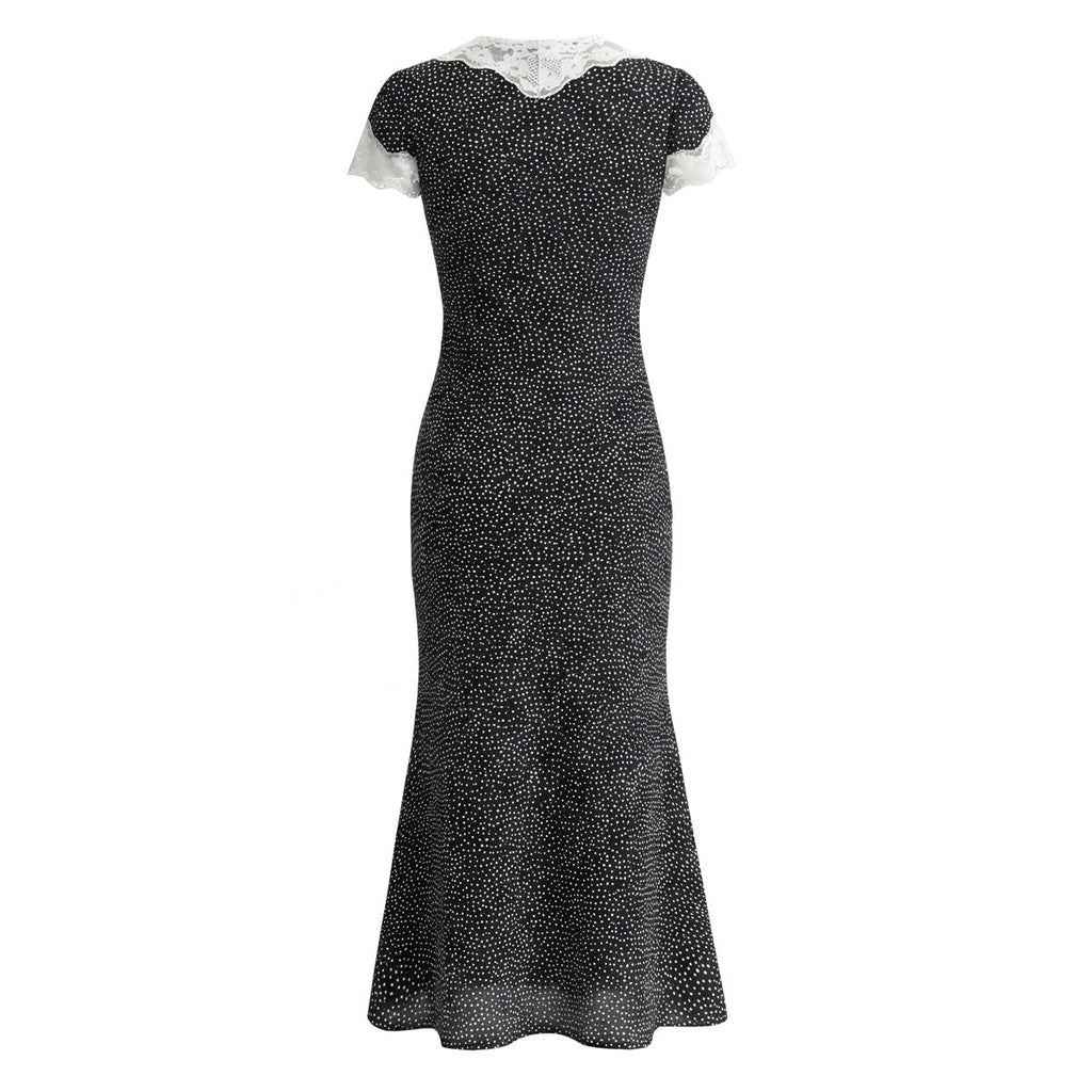 French Retro Beautiful Seaside Vacation Maxi Dress Lace Stitching Polka Dot Elegant Graceful Dress