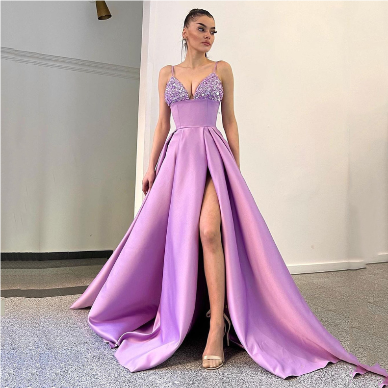 Spring Summer Women Clothing Dress Deep V Plunge Sequin Sling Sexy Slit Dress