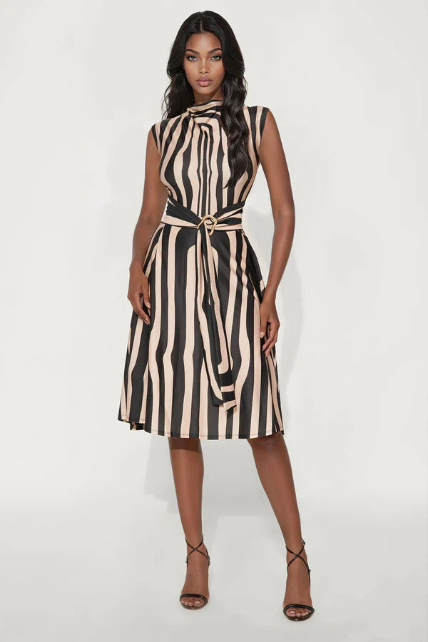 Pile Collar Striped Printed Sleeveless Elegant Waist Tea Break Daily Women Dress Midi Dress