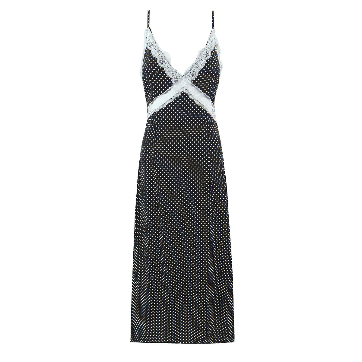 French Polka Dot Brace Maxi Dress Retro Sexy Slim V neck Lace Stitching Dress for Women Early Spring