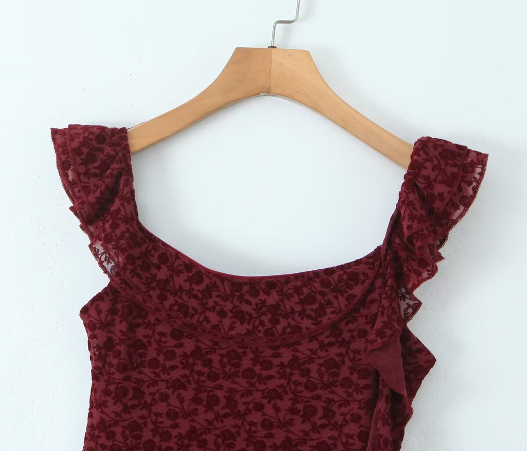 Sexy Cute Deep V Plunge neck Bow Flocked Printed Tight Waist A line Dress Ruffled Sexy Dress