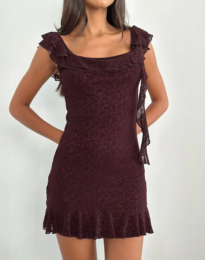 Sexy Cute Deep V Plunge neck Bow Flocked Printed Tight Waist A line Dress Ruffled Sexy Dress