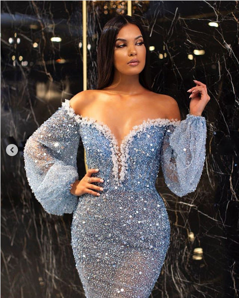 Spring Summer Women Clothing Casual Dress Elegant Gold V neck See through Fishtail Evening Dress