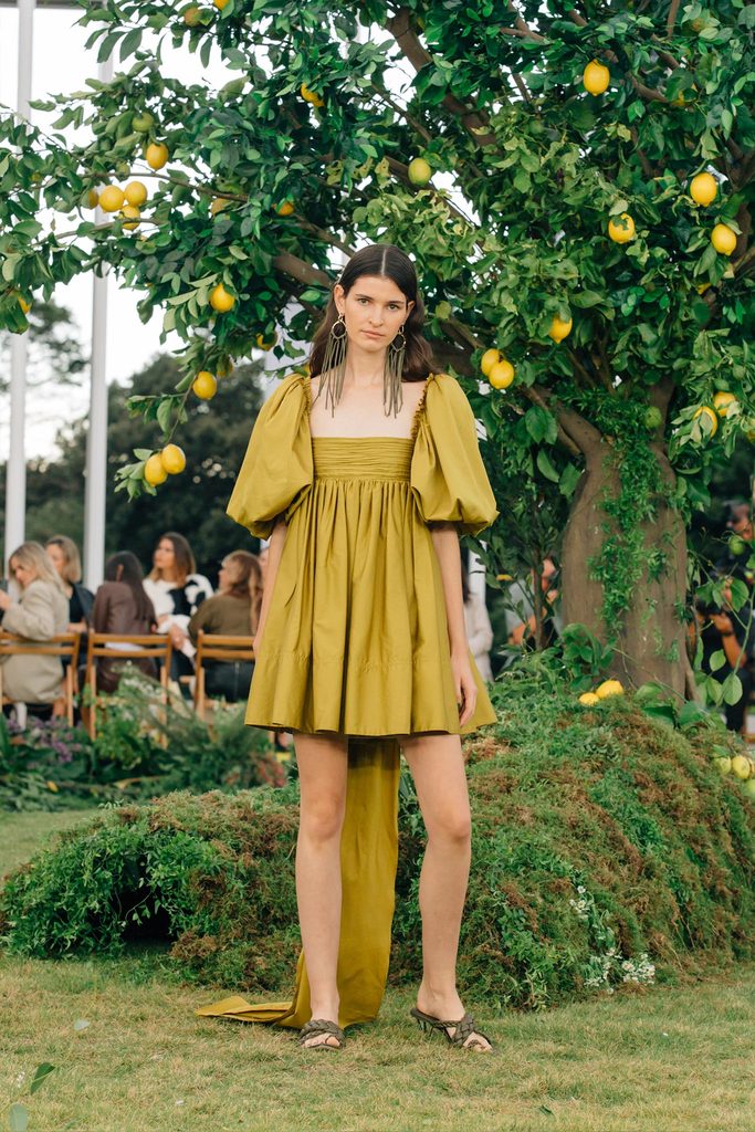 Spring Women Clothing French Retro Mustard Super Long Lace-up Puff Sleeve Short Sleeve Dress