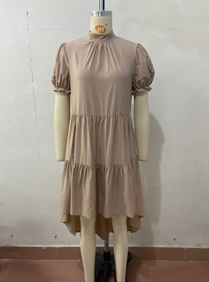 High Waist Solid Color Irregular Asymmetric Loose Pleated Dress Casual Babydoll Dress