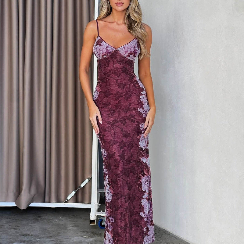 Summer Women Clothing Retro Printed High Grade Strap Dress Evening Dress