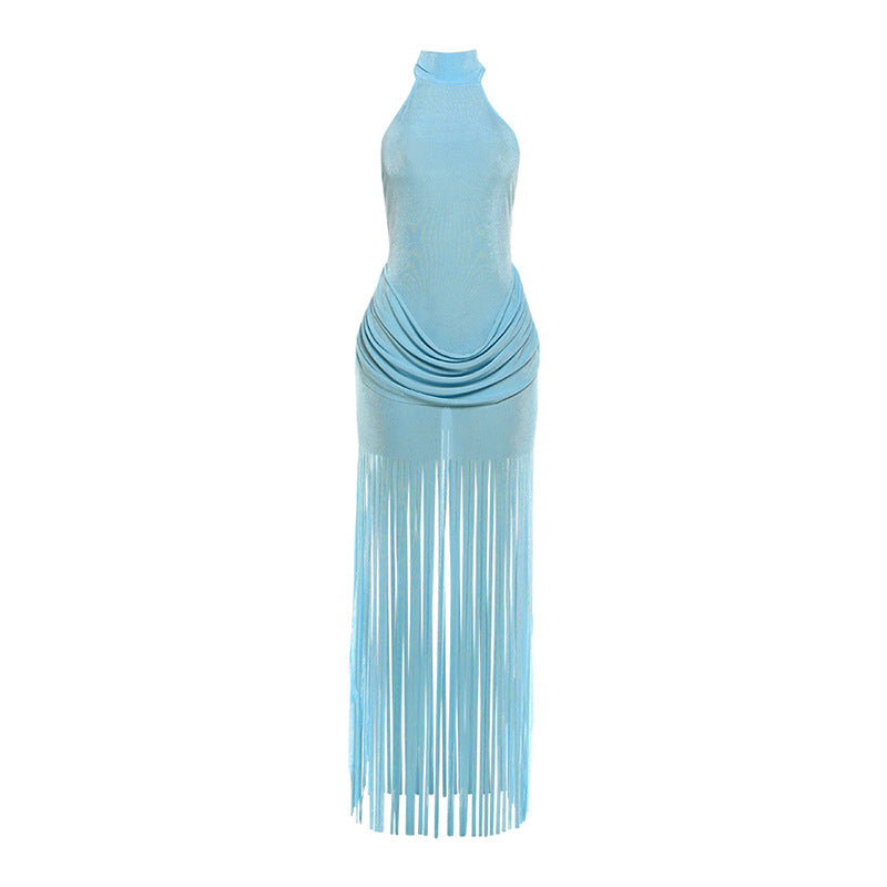 Winter Women Clothing Tassel Design Solid Color Sexy Halter Backless Dress