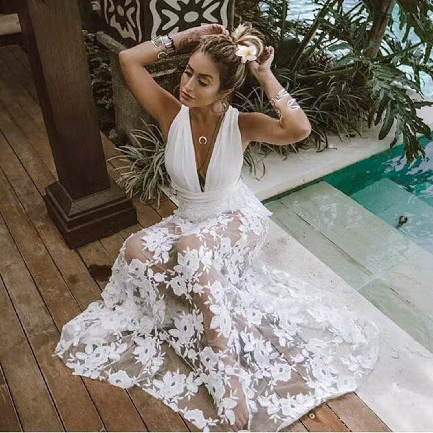 Spring Summer Women Clothes Dress Sexy Lace Cutout Backless Beach Maxi Dress