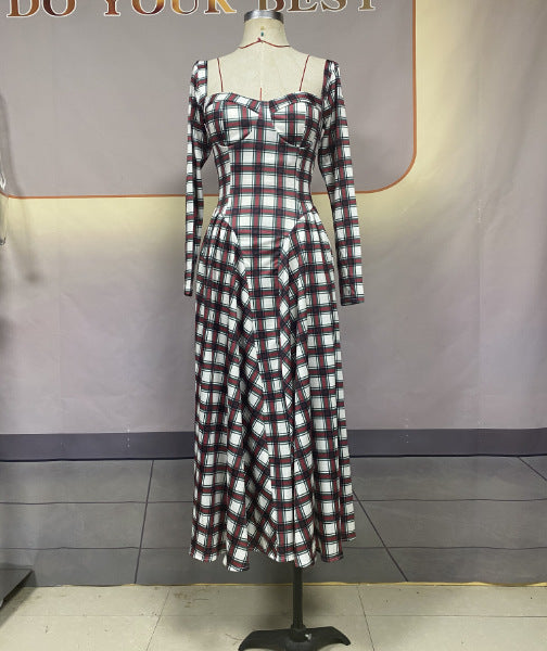Autumn U Neck Plaid Long Sleeve Slim Fit Belt Retro Dress Women