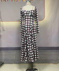 Autumn U Neck Plaid Long Sleeve Slim Fit Belt Retro Dress Women